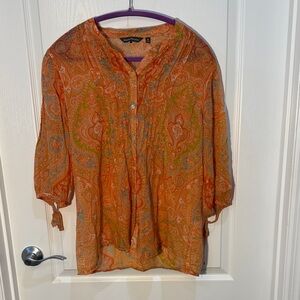 Tommy Bahama Orange Paisley Blouse Sheet Rouged Front Button Up Size M